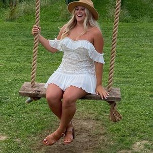 White/tan off the shoulder dress